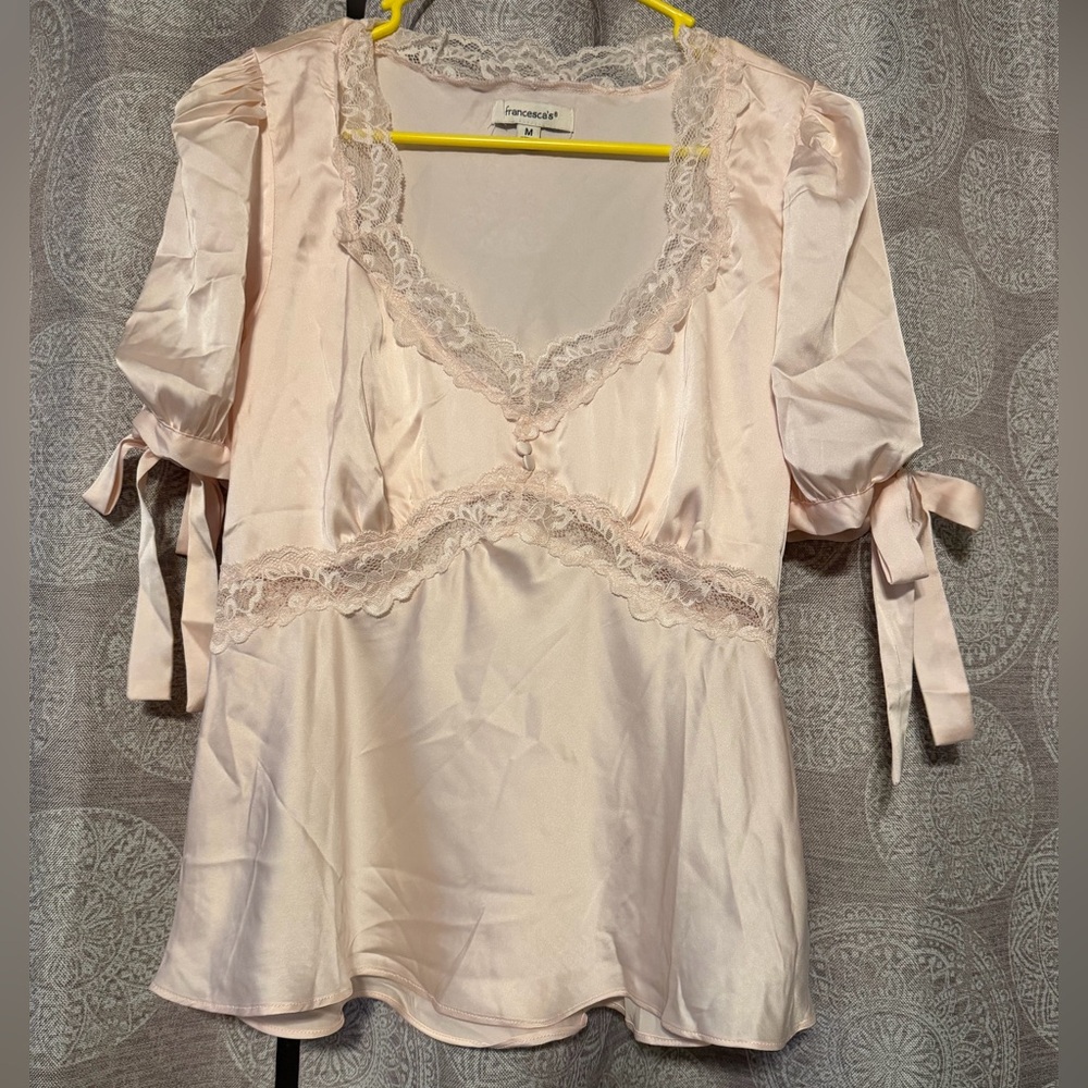 Francesca's Pale Blush Satin Lace-Trim Tank Top